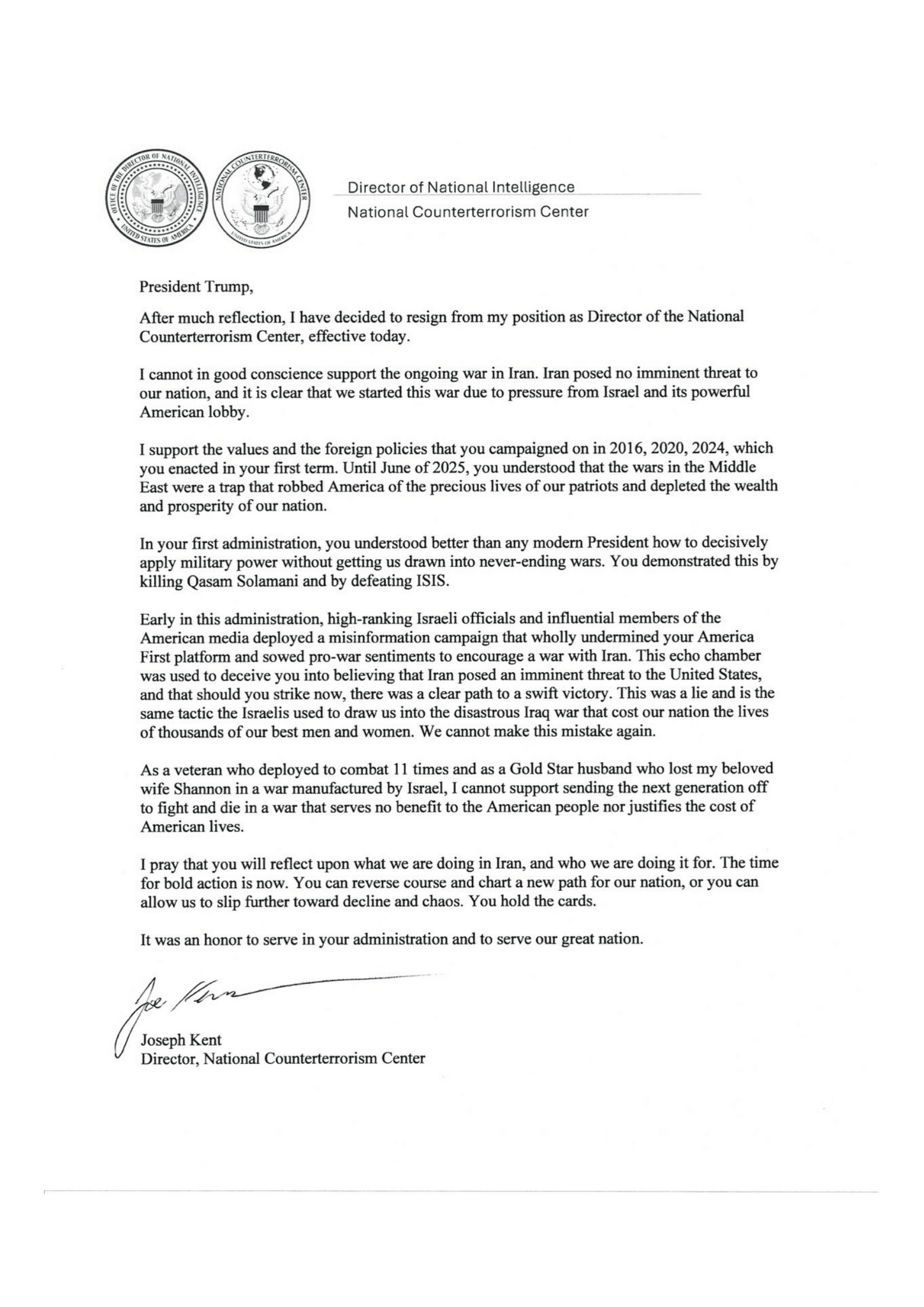 Read Joe Kent’s Resignation Letter
