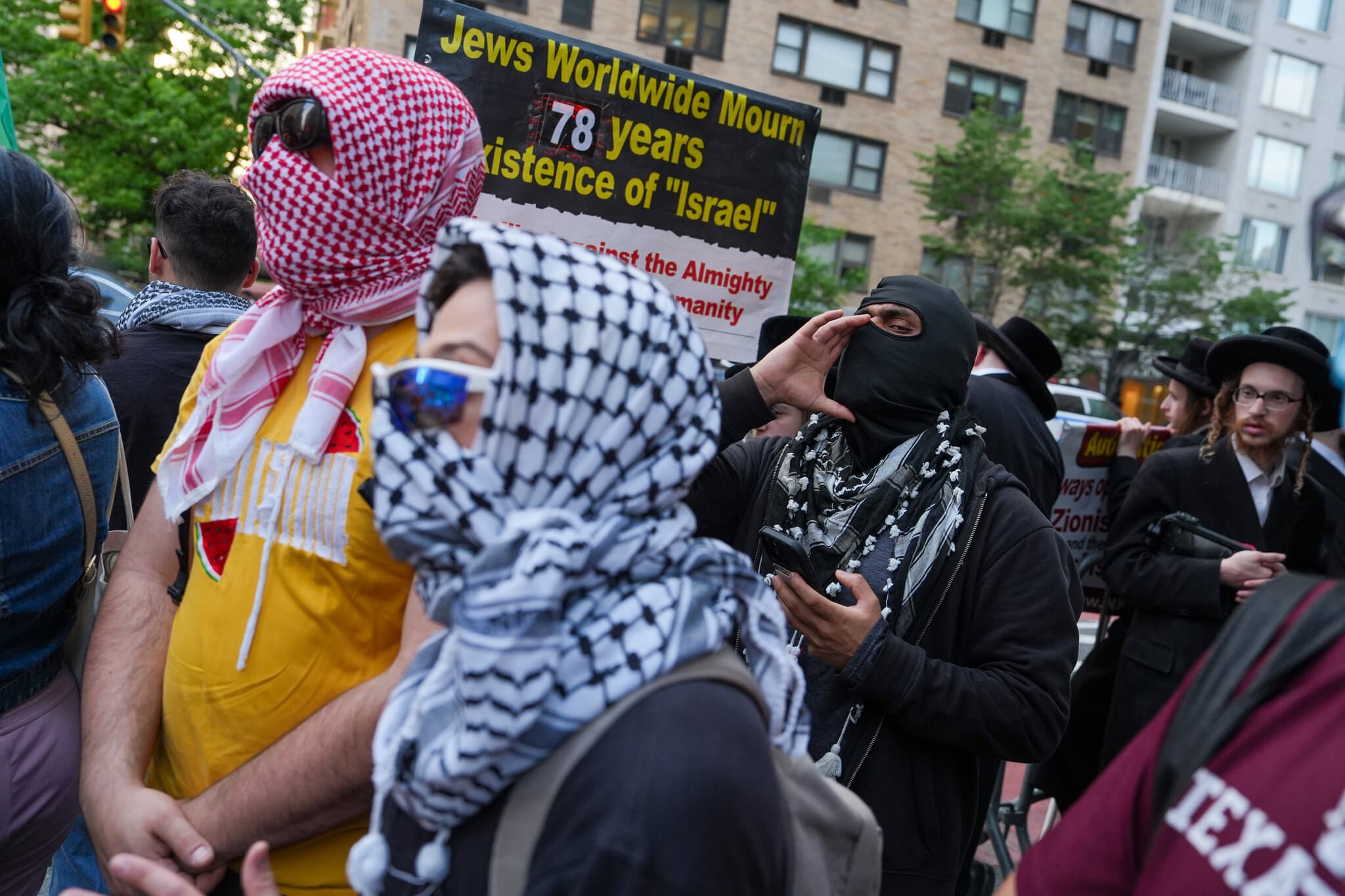 Pro-Palestinian and Pro-Israel Demonstrators Rally Outside Synagogue