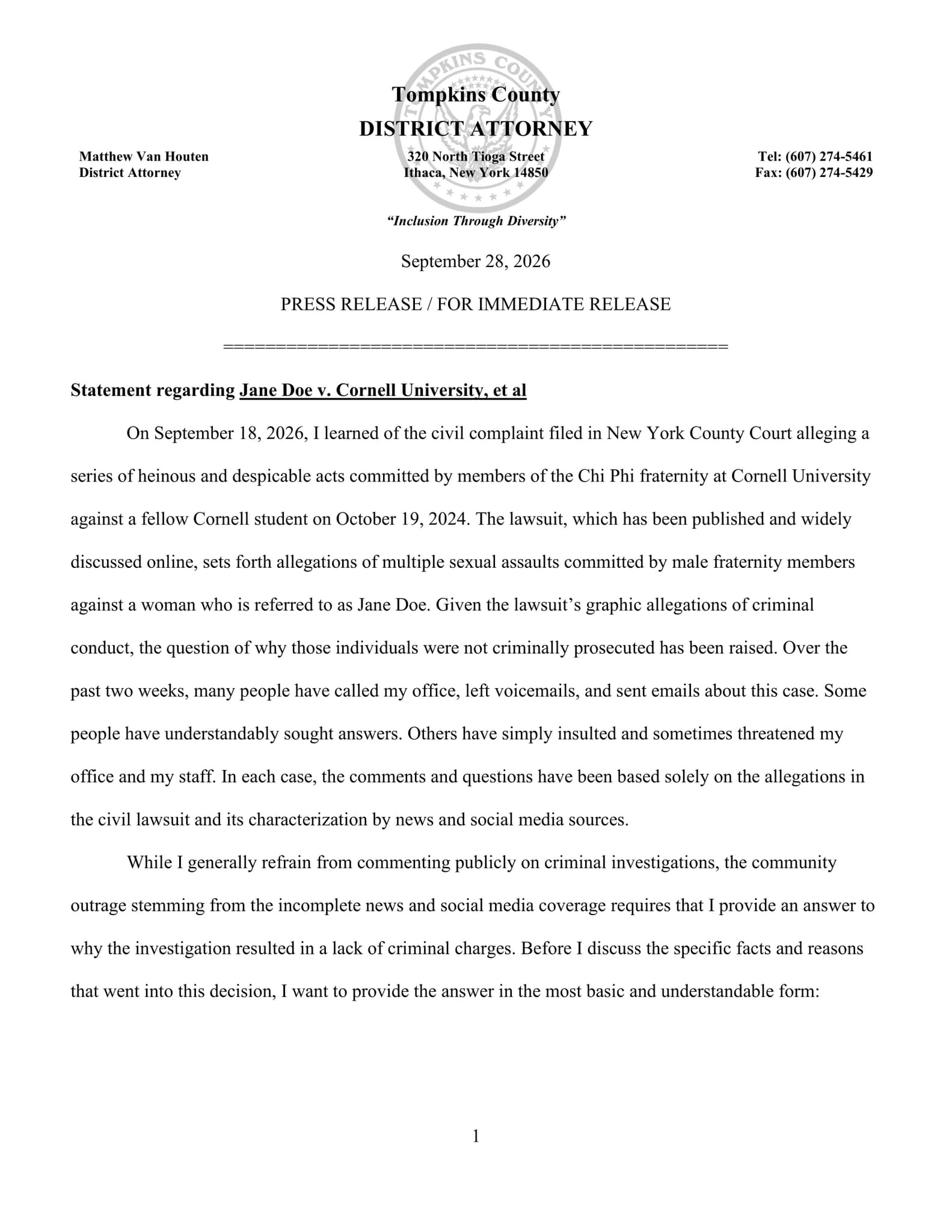 The district attorney explained why he reopened the Cornell investigation. Read the document:
